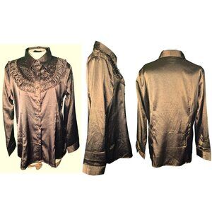 New Never Worn Clockwork Couture Steampunk Ruffle Blouse in Brown Satin Size 2XL